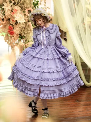 Lavender sweet lolita dress back three-quarter view showing tiered ruffle skirt with loafers and white socks