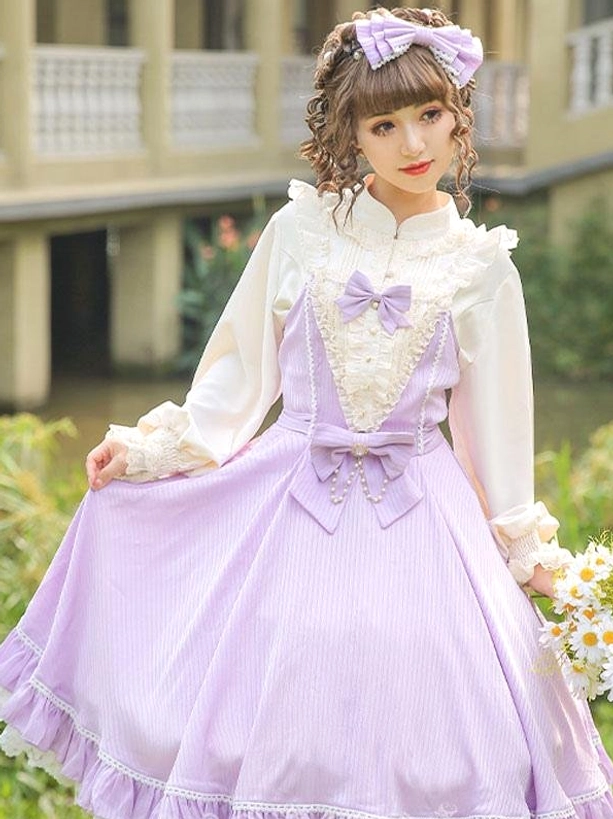 Lavender purple short sleeve sweet lolita dress with white blouse front and lace collar details
