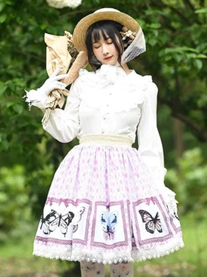 Lavender sweet lolita overskirt with butterfly floral print front three-quarter view outdoor woodland setting
