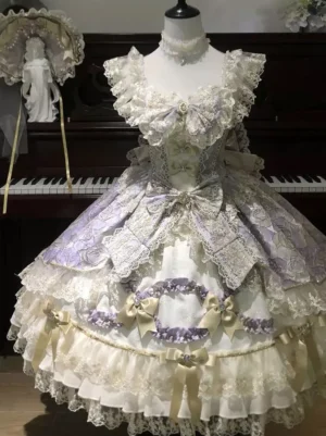 Lavender sweet lolita sleeveless dress with tiered ruffles and lace trim front view on dress form