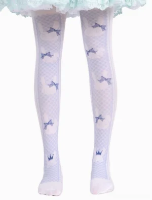 Lavender lolita knee-high socks with gingham pattern front full leg view model wearing mint green lace skirt with bow rabbit crown prints