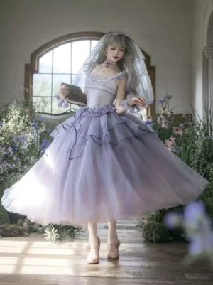 Lavender sleeveless sweet lolita wedding dress with lace-up corset bodice, ruffled square neckline, multi-layered tulle skirt, and matching veil hairband, modeled indoors in sunlit floral setting