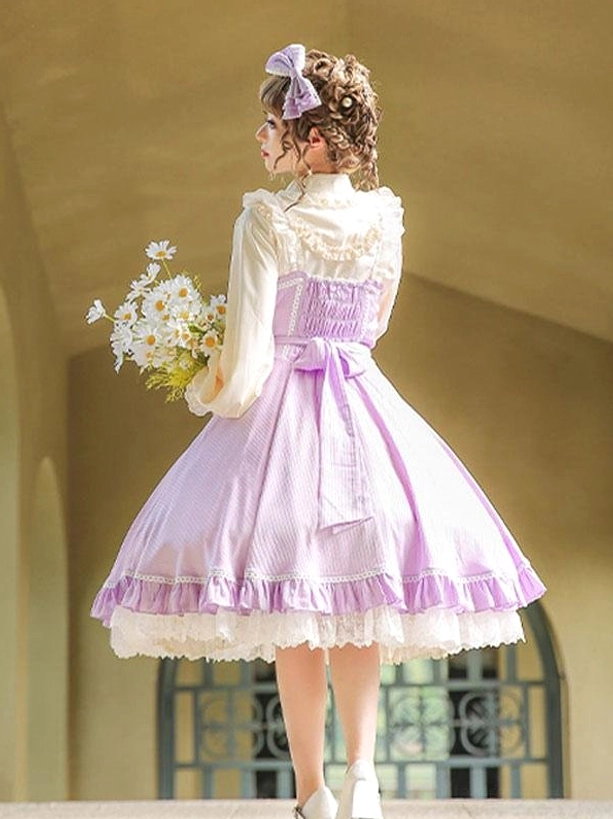 Two-tone lavender and white sweet lolita dress back view with detachable sleeves and back waist bow
