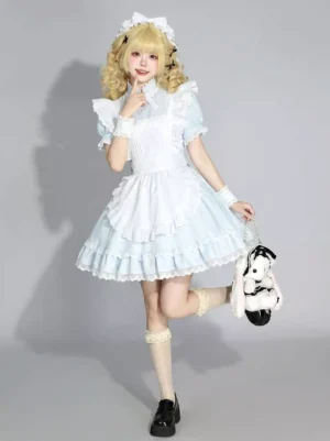 Alice maid lolita costume three-quarter side view light blue ruffled skirt hem wrist cuffs maid headband panda plush bag