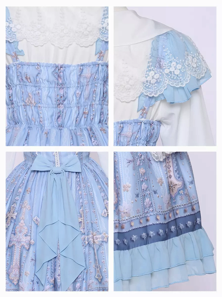 Light blue cross print sweet lolita JSK dress color accuracy reference view showing light sky blue hue, cross pattern visibility, ruffled details, lace trim appearance, and fabric texture on plain studio background