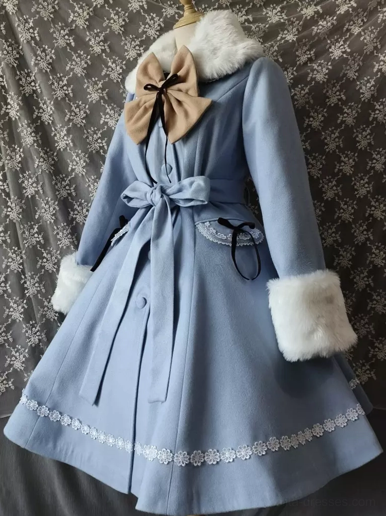 Light blue lolita coat side-front view showcasing white fur collar and cuffs, beige bow accent, waist sash, and decorative lace trim hem