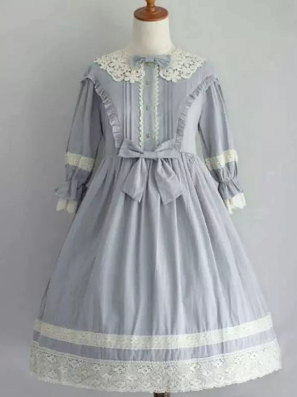 Light blue-gray sweet lolita one-piece dress with peter pan collar ruffled sleeves waist bow and decorative hem details