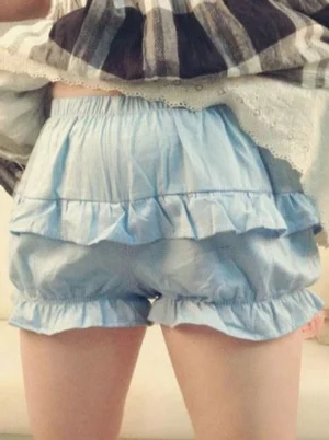 Light blue lolita bloomers with double ruffled layers worn with plaid coat showing rear view of elegant cotton shorts