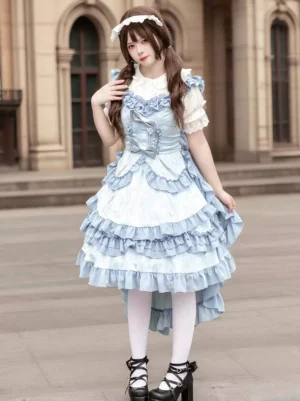 Light blue lolita JSK dress with frilled bodice trim and high-low asymmetrical hem