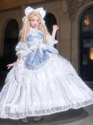 Enchanted fairy Lolita princess dress in light blue with white bow neckline, layered ruffled skirt, and romantic puff sleeve design