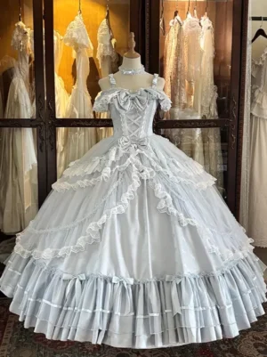 Light blue classic lolita wedding ball gown with off-shoulder ruffled sleeves and lace-up corset bodice, front flat lay display view