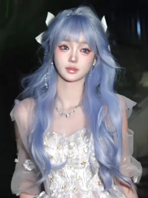 Sky blue wavy lolita wig styled with two white hair bows, drop earrings and delicate rhinestone collarbone necklace in dimly lit evening scene