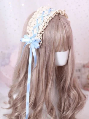 Light blue crisscross ribbon lace headdress lolita hairband with delicate blue bow and graceful tail ribbons, displayed on mannequin with wavy wig, sweet lolita aesthetic