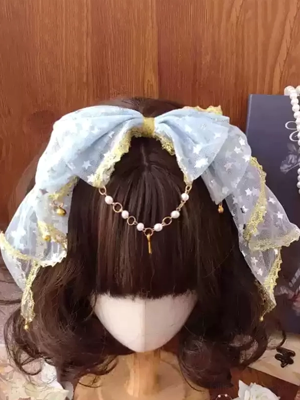 Light blue star tulle sweet lolita hair bow headwear with ruffled gold lace and pearl forehead pendant on brown wig mannequin