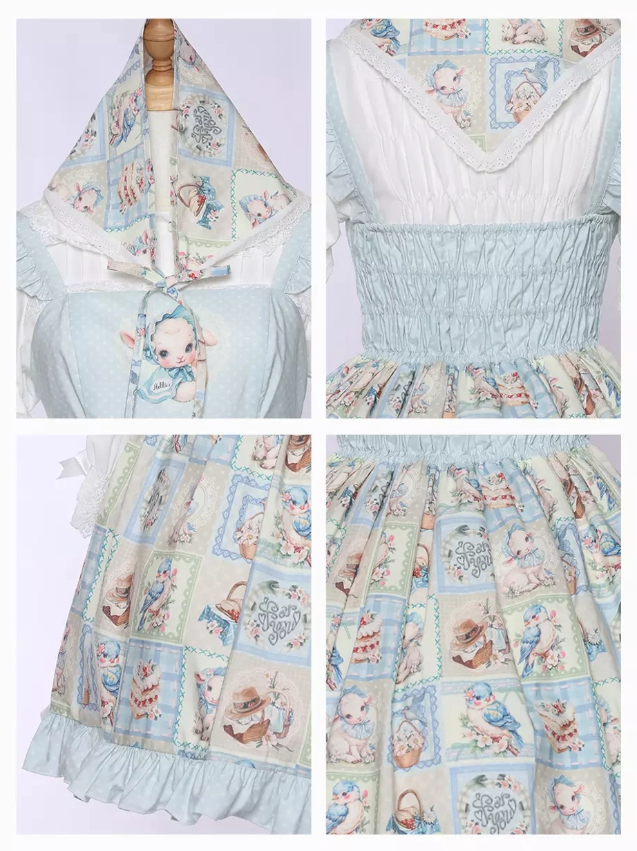 Light blue sweet lolita jumper skirt dress flat lay or detail shot highlighting print pattern, color accuracy, construction quality, ruffles, and decorative elements