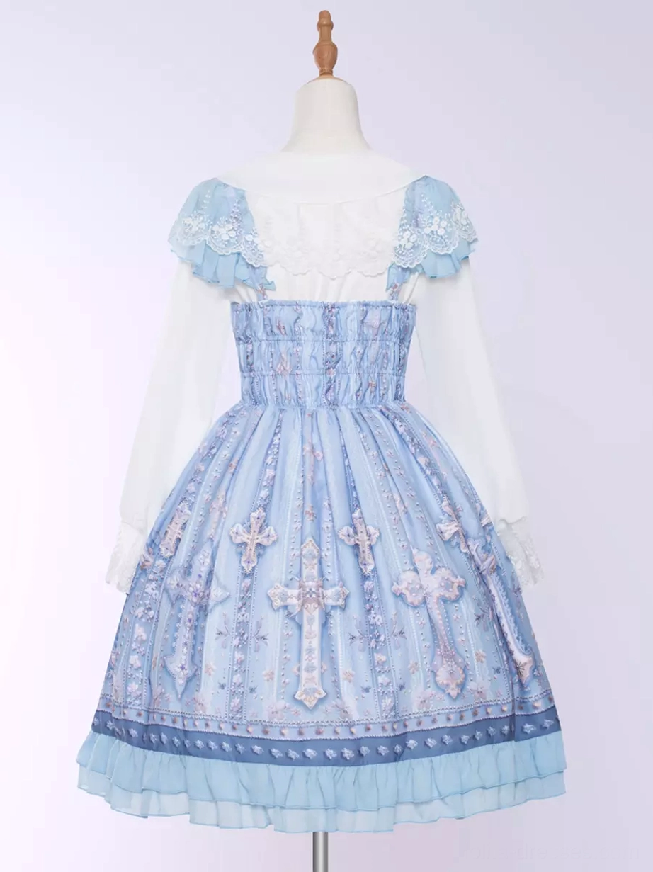 Light blue sweet lolita JSK dress sizing reference view showing proportions, silhouette structure, cross print scale, bow placement, and overall fit on display mannequin plain background