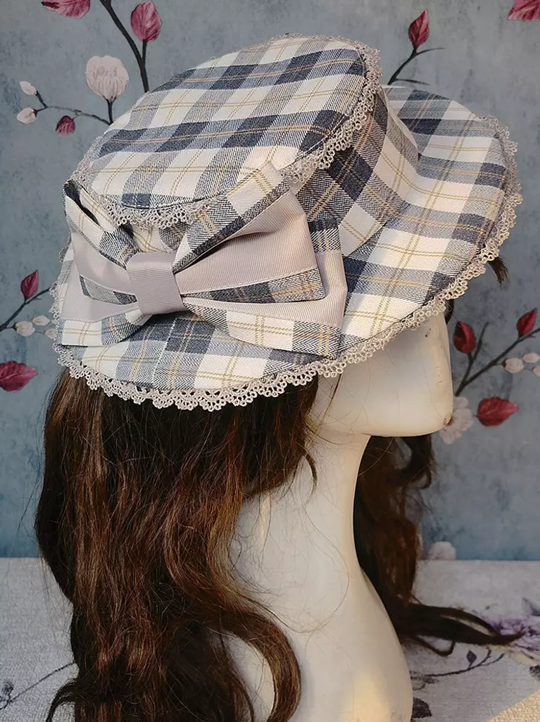 Light blue and white plaid lolita hat with grey bow, delicate pastoral lolita headdress with lace trim, sweet lolita accessory