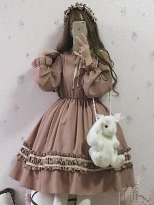 Light Brown Dusty Pink Classic Lolita OP Dress with Elastic Waist and Bow-Tied Lantern Sleeves Front View