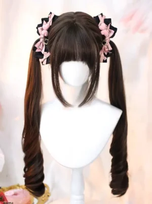 Light brown Lolita twin ponytail wig with pink-black bow decorations and curly ringlets, mannequin display front angle