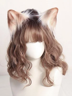 Light brown and white two-tone faux animal ear Lolita hair accessory shown on mannequin with wavy brown hair, sweet rococo headband, front flat display