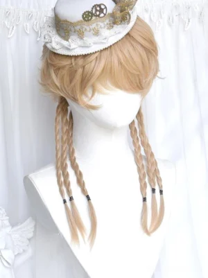 Light gold braided lolita wig with twin side braids and steampunk mini top hat on display mannequin with white lace curtain backdrop