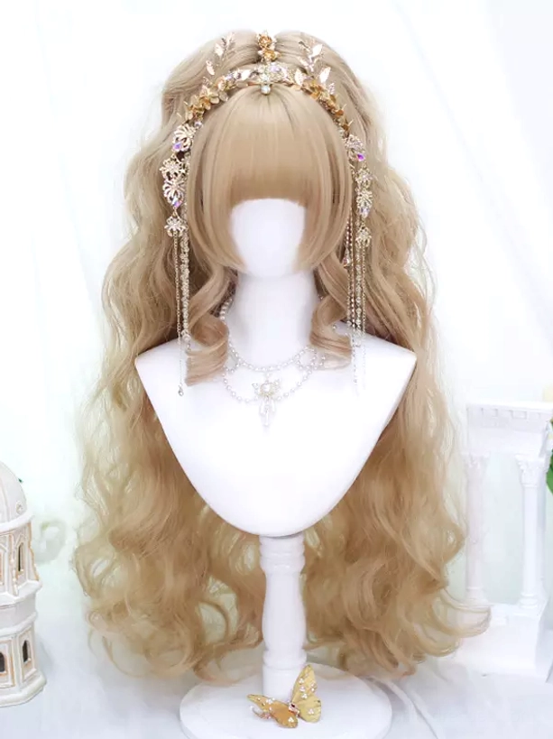 Light gold long curly Lolita wig with neatly styled bangs and gold tassel hair accessory pearl necklace accessory on white mannequin head European miniature background alternative angle