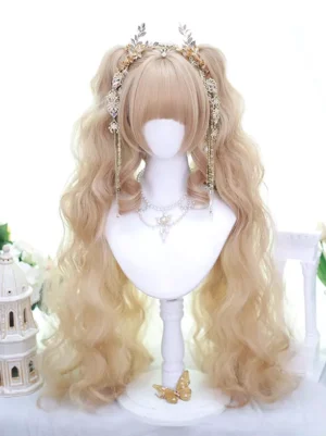 Light gold double ponytail curly Lolita wig with bangs featuring gold gem tassel hair accessory displayed on white mannequin head with European miniature background props front view