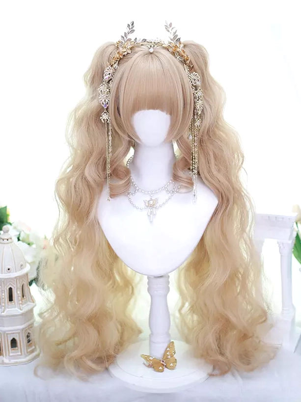Light gold double ponytail curly Lolita wig with bangs featuring gold gem tassel hair accessory displayed on white mannequin head with European miniature background props front view