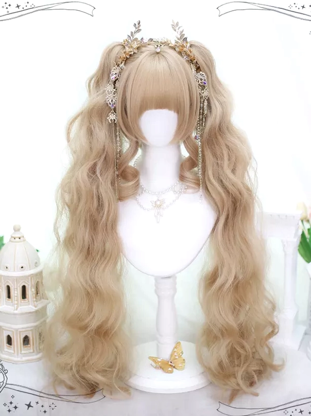 Light gold Lolita wig double ponytail curly style with neat bangs and simple pearl necklace on white mannequin head European miniature props background detail view