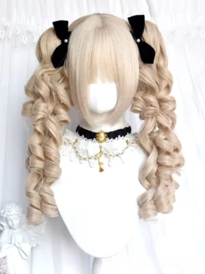 Light gold double ponytail curly lolita wig with blunt fringe displayed on mannequin, paired with gothic choker and black velvet pearl-adorned hair bows, front view showcasing voluminous spiral curls and sweet lolita aesthetic
