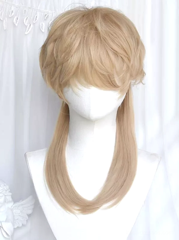 Heat-resistant light gold gothic lolita wig with wavy short crown and single long straight side ponytail, front mannequin view