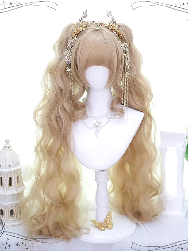 Sweet Lolita double ponytail curly wig in light gold tone with full bangs visibility on white mannequin head paired with gold tassel and pearl necklace decorative line background