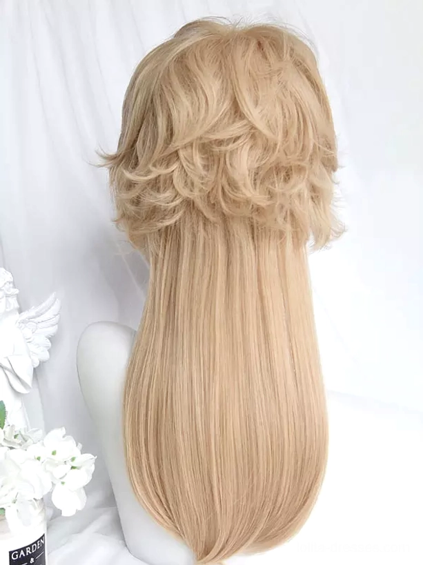 Light gold lolita wig back view showing wavy curly crown texture, long straight back hair flow, smooth heat-resistant fiber quality