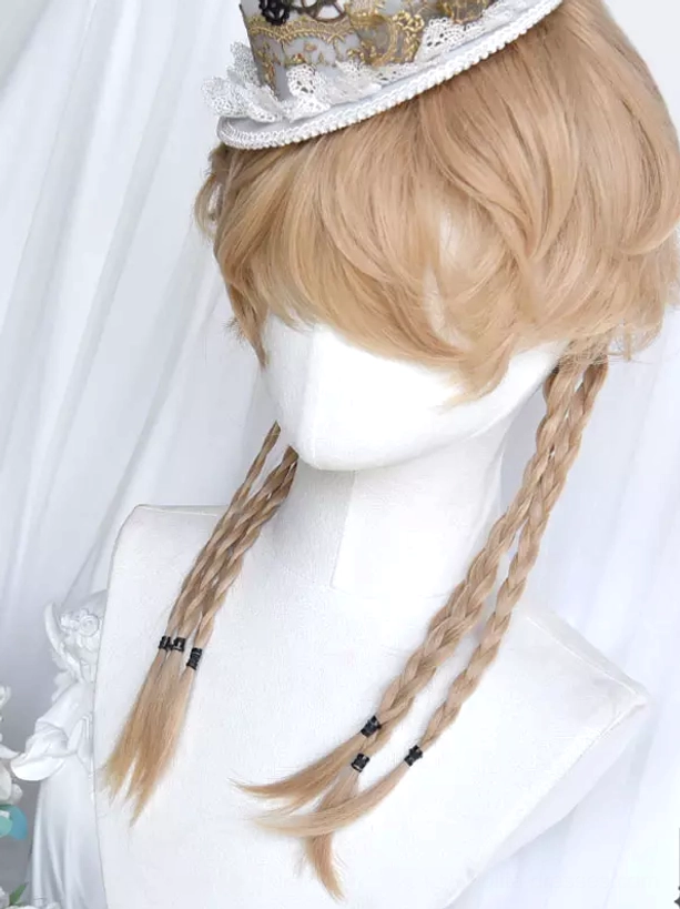 Light gold lolita wig with two braids featuring black buckles and full bangs, worn with steampunk mini top hat, side three-quarter angle