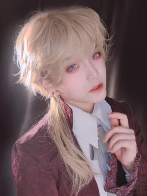 Light gold lolita cosplay wig front close-up view with wavy blonde hair and colored contact lenses on cosplayer in vintage formal outfit