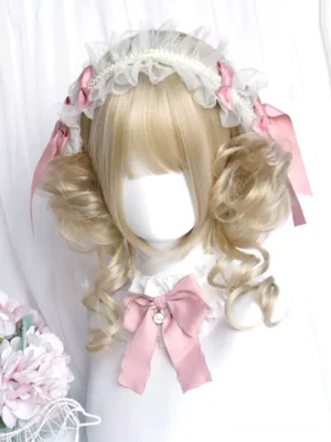 Light gold curly Lolita wig with decorative lace headband on white mannequin head, pink ribbon bows accent the lace band, wavy side curls frame the face with elegant styling
