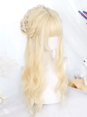 Light gold long wavy Lolita wig left side profile showing half-updo styling option with pearl hair accessory, demonstrating air bangs and loose wavy texture