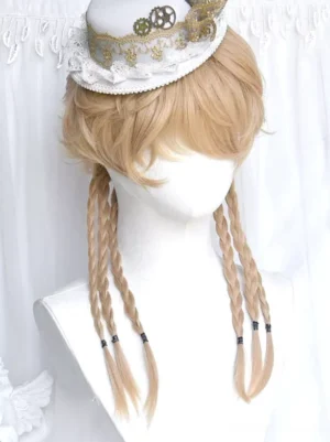 Gothic lolita wig light gold color with full bangs and dual braids, paired with steampunk mini top hat, front mannequin display