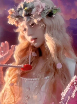 Light gold lolita wig side profile showing loose wavy blonde hair texture with flower crown and corset-style top against pink sunset fantasy backdrop demonstrating heat-resistant fiber quality and dimensional wave styling