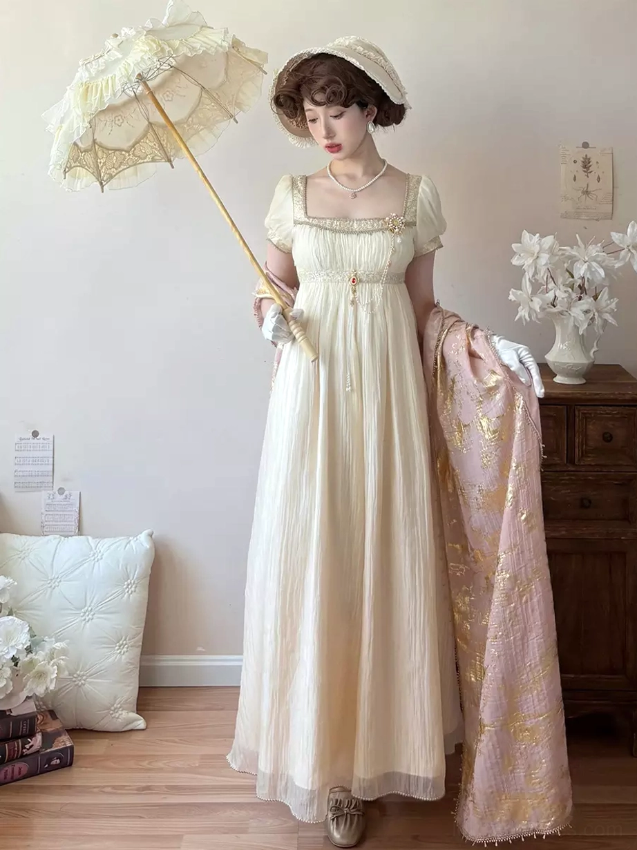 Light gold variant of Regency Lolita ball gown with square puff sleeves, empire waist, decorative chains, champagne-tone elegant sweet Lolita formal dress