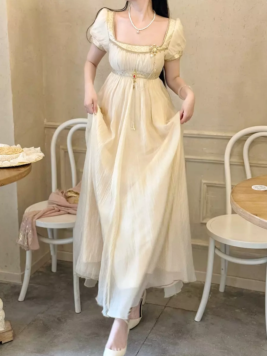Styling inspiration for light gold Regency Lolita ball gown paired with accessories, decorative chains, empire waist, and romantic Lolita fashion coordination