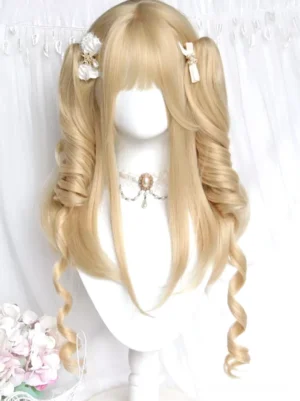 Light gold Roman curl sweet Lolita wig with twin spiral ponytails and blunt bangs displayed on mannequin head with coordinating Lolita accessories - front view