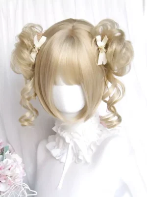 Light gold Sweet Lolita twin buns curly wig worn on white mannequin head featuring straight bangs, wispy side curls, and cream-colored bow hair clips with ruffled lace collar