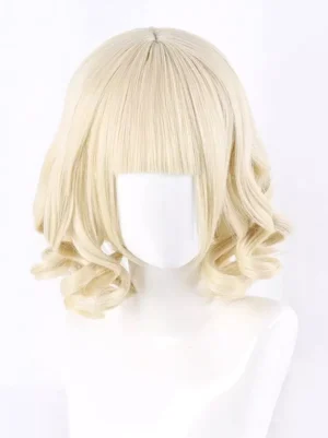 Light gold curly Lolita wig front view with blunt center-parted bangs and voluminous loose curls on synthetic fiber base