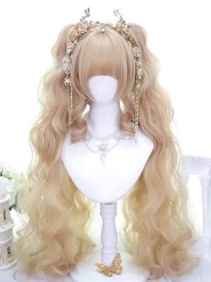 Light gold twin tails lolita wig direct front view showing full wig style with blunt bangs pearl necklace and decorative gold tassel hair crown on mannequin with floral background