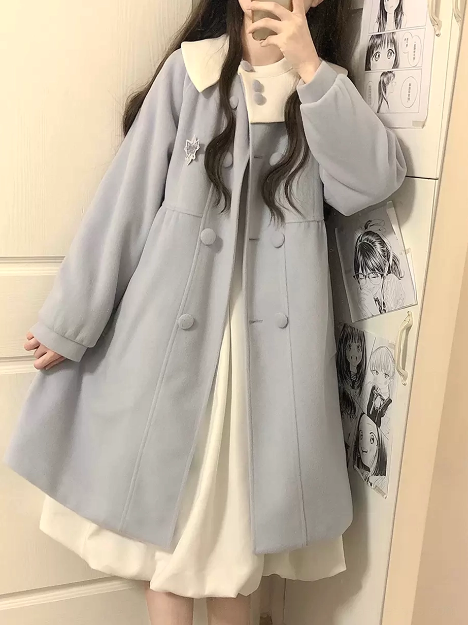 Light gray lolita overcoat front mirror view with split contrast color collar, double-breasted design, snowflake brooch, anime poster background