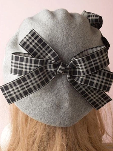 Light grey lolita beret back view large gingham plaid bow light grey wool fabric rear angle
