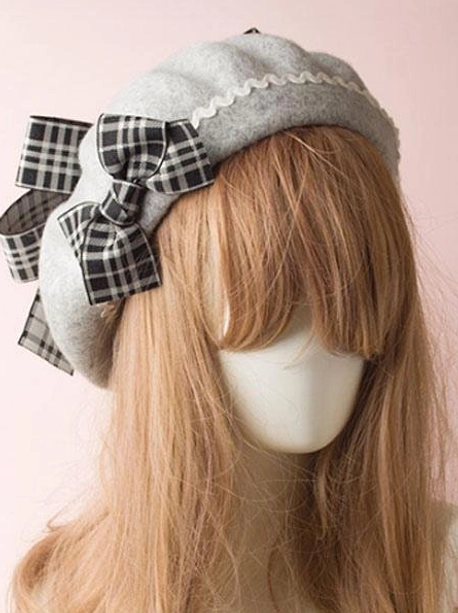 Light grey wool lolita beret hat with white gingham plaid bow front angle ricrac trim detail