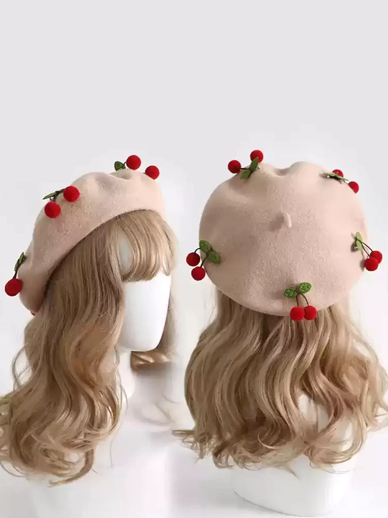 Light khaki Sweet Lolita cherry beret featuring red pom-pom cherry decorations, dual angle view
