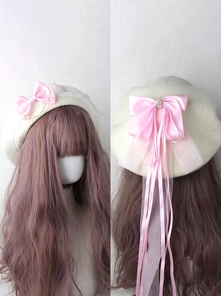 Light pink lolita beret with delicate lace trim small satin bow sweet headdress accessory